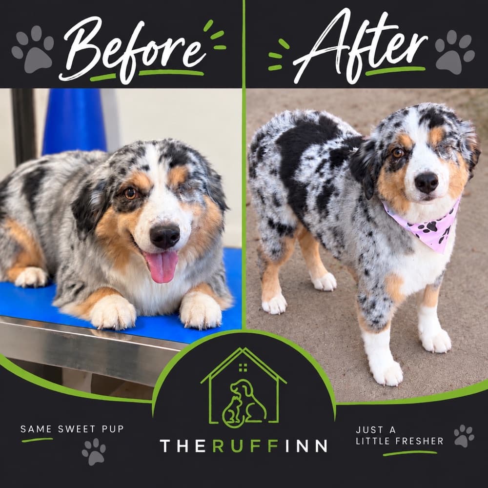 Australian shepherd before and after a bath and brush at The Ruff Inn